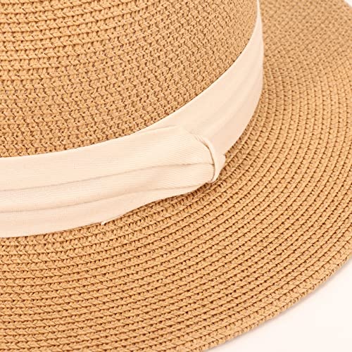 DRESHOW Women Straw Panama Hat Travel Fedora Beach Sun Hat Summer Wide Brim Straw Roll up Hat UPF 50+ - color: Z Two Pack: Fedora Khaki & Beige
