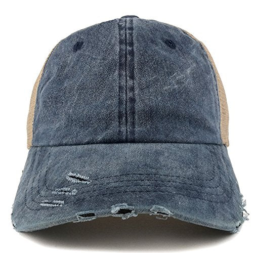 Trendy Apparel Shop Pigment Dyed Front Mesh Back Frayed Bill Trucker Cap - color: Navy