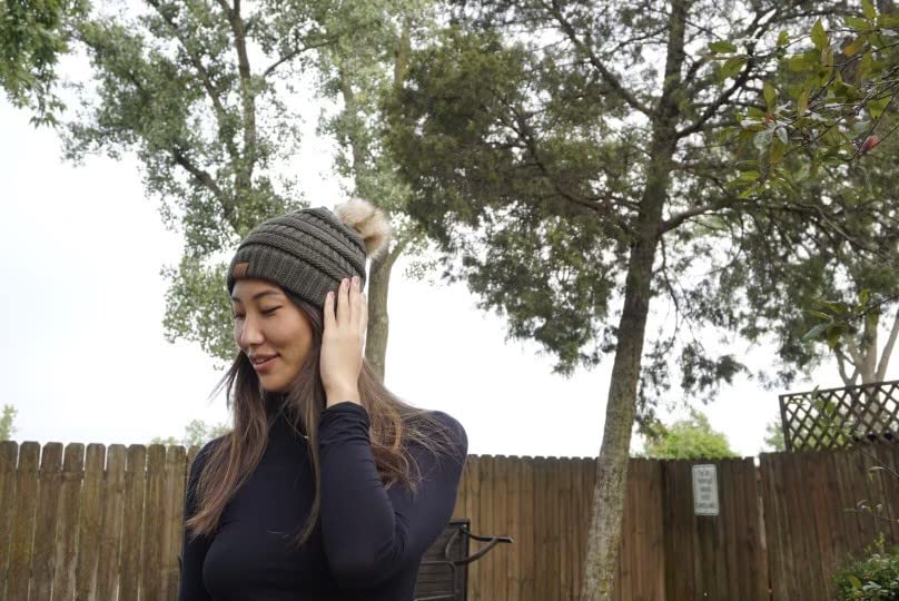 Funky Junque Cozy Ribbed Beanie with Luxurious Faux Fur Pom Pom - Warm Cable Knit Winter Skull Cap - color: Coco Berry W/Natural Pom