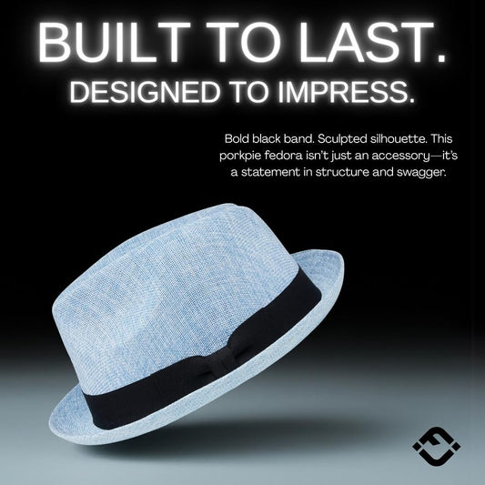 Funky Junque Men's Panama Porkpie Fedora, Linen Summer Beach Hat - color: Light Blue, size: Large-X-Large