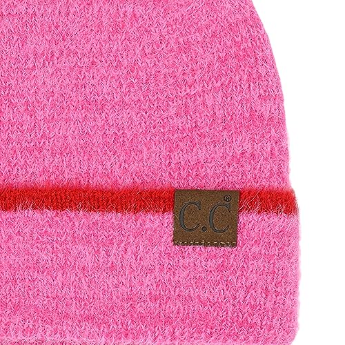 C.C Fuzzy Beanie for Women Unisex - Acrylic Stretchable Soft Warm Knit Winter Skully Hat - color: Feather Yarn-hot Pink