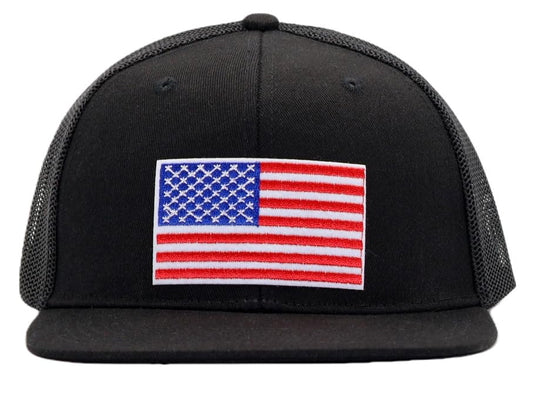 Men Flat Bill USA Flag Mesh Hat Fits OSFM&XXL Head | Snapback Trucker Cap | 250th US Anniversary Veterans Memorial Day Gifts - color: Black, size: Medium-Large