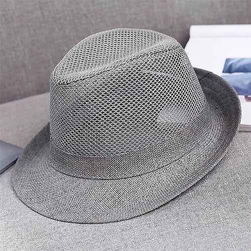 Men Straw Fedoras Summer Trilby Hat Vintage Mesh Panama Sun Hat Short Brim Beach Travel Hat British Jazz Hat Outdoor Bucket - color: Mesh Gray