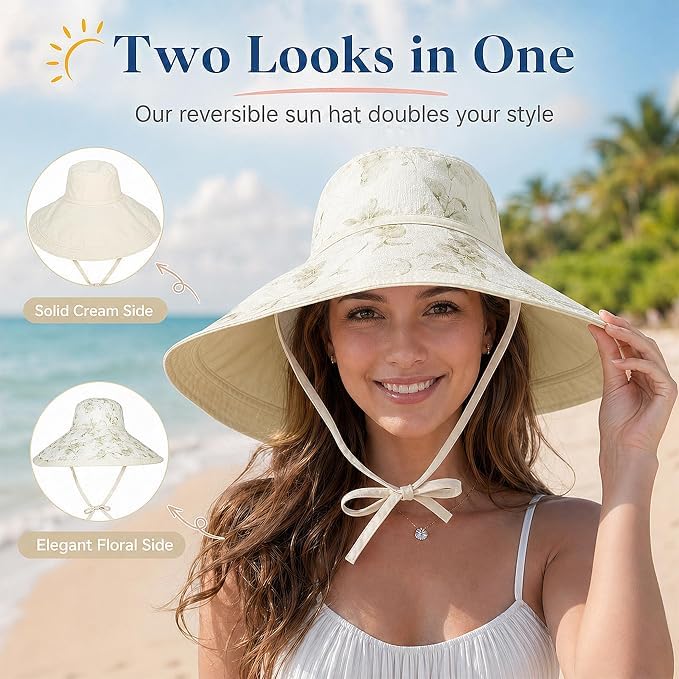 Wide Brim Sun Hat for Women Reversible Beach Bucket Summer Hats Ponytail - color: Beige