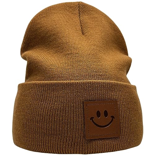 55cube Unisex Knit Cuffed Beanie Hats Warm Winter Caps with Leather Logos - color: Camel