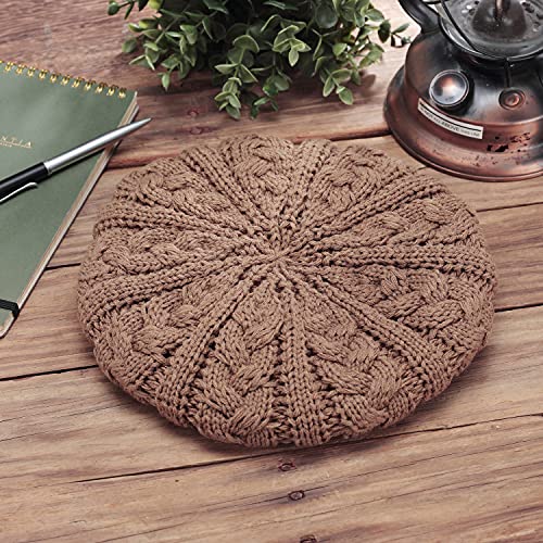 BYOS Womens Winter Cozy Cable Fleece Lined Knit Beret Beanie Hat (Set Available) - color: Camel Cable