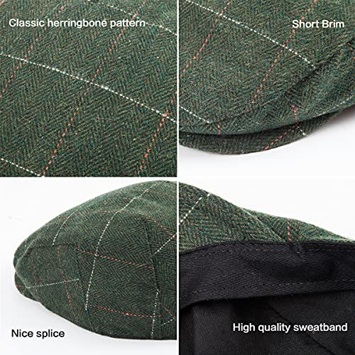2-Pack Adjustable Newsboy Hats for Men Flat Cap Irish Wool Blend Tweed - color: Plaid Grey+green 2pack, size: Small-Medium