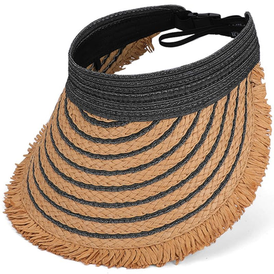 Straw Sun Visor Summer UV Protection Packable Wide Brim Beach Hat Ponytail Women - color: A-black