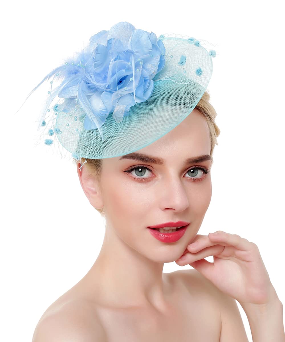 JWICOS Fascinators Hat for Women 50s Flower Hat with Veil Cocktail Wedding Tea Party Church Derby Hat - color: Light Blue