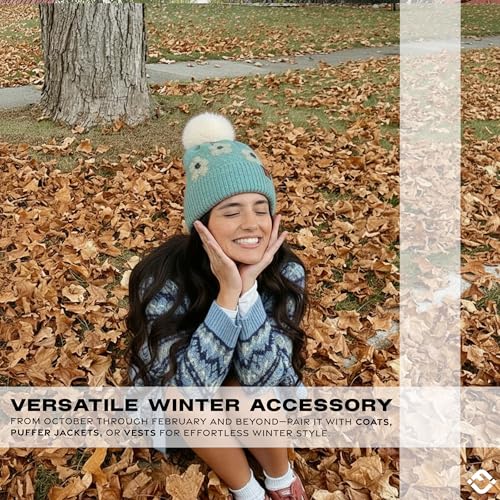 Funky Junque Beanie for Women Ultra Soft Chenille Faux Fur Pom Pom Winter Hats Warm Ski Cap Fashion - color: Daisy - Mint