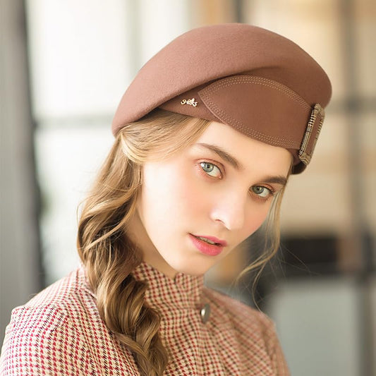 Wedding Hats for Women Vintage Wool Felt Berets Ladies Pearl Fascinator Autumn Winter Cap Bow Church Fedoras - color: Light Brown