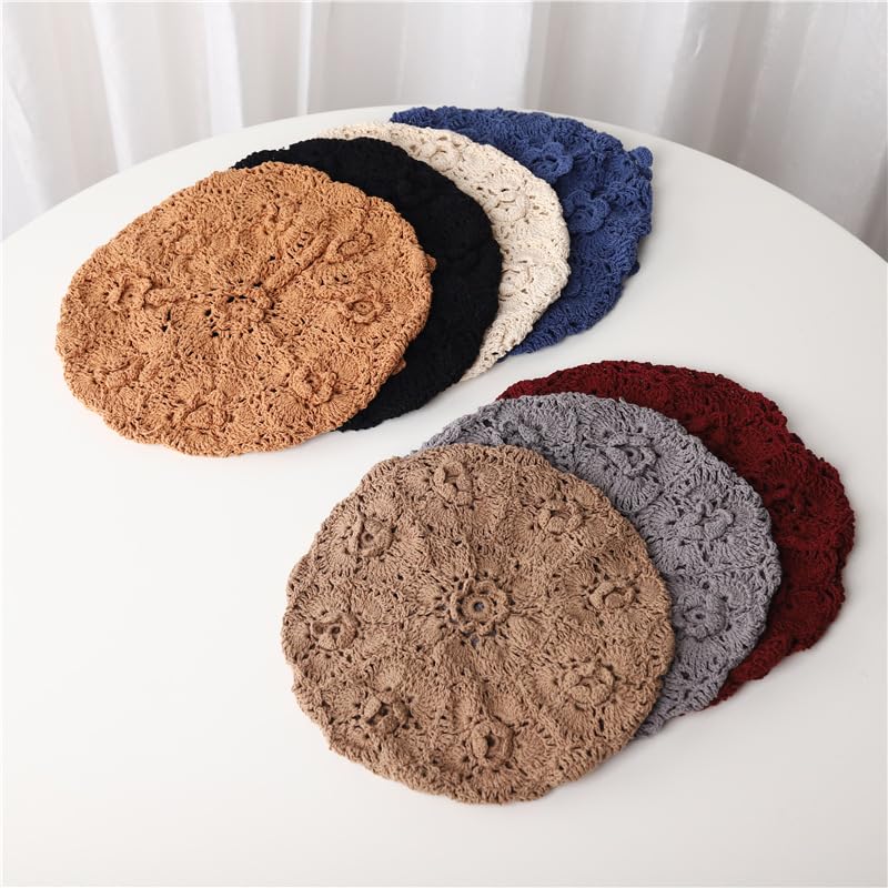 yolrdiw Cotton Crochet Beanie Handmade Floral Beret Beach Travel Boho Hat - color: Beige