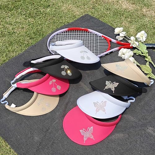 Sun Visors Hats Women Rhinestone Butterfly Wide Brim Hat Adjustable Golf Tennis Beach Sports Caps - color: Cherry-whtie
