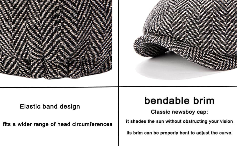 Men's Wool Newsboy Cap 8-Panel Tweed Taxi Hat Herringbone Gatsby Flat Hats - color: Dark Gray