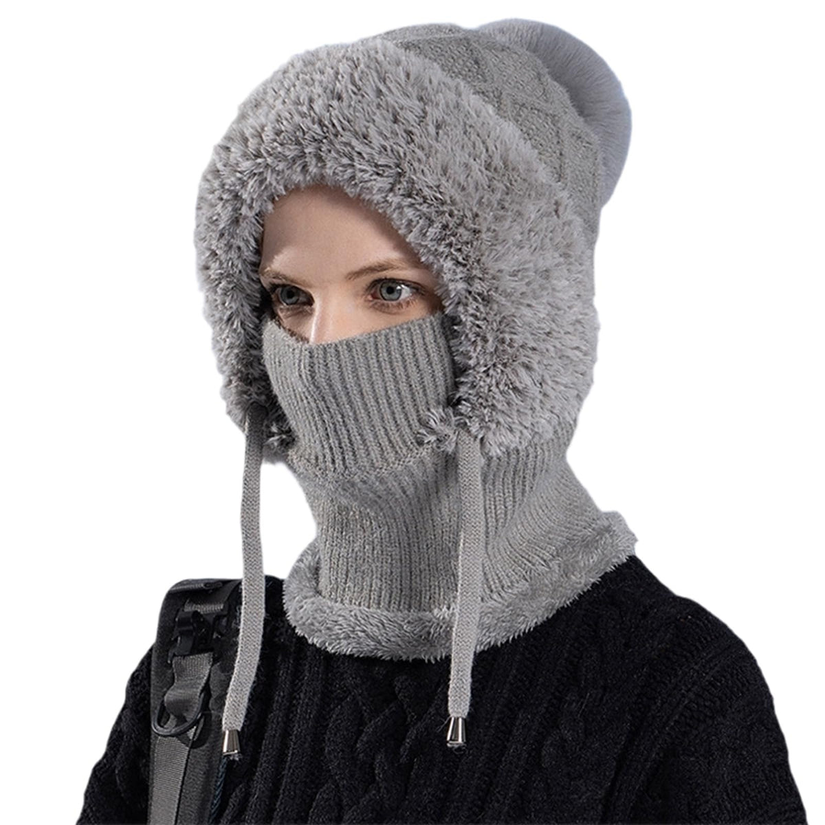 Women’s Knitted Beanie Hat with Face Cover - 3 in 1 Winter Balaclava with Mask Scarf Ear Muffs Pompom Fleece Lined Snow Caps - color: Grey-b