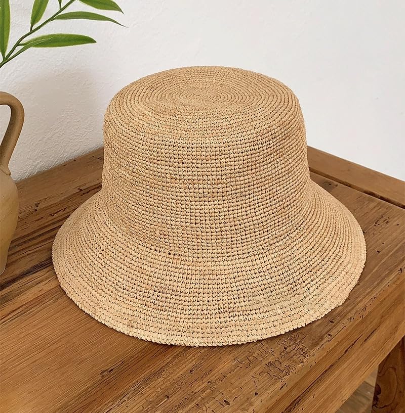 Women's Raffia Straw Bucket Hat Sun Beach Hat Woven Handmade Foldable Summer Travel Cap - color: Raffia ( Brim3.1“)