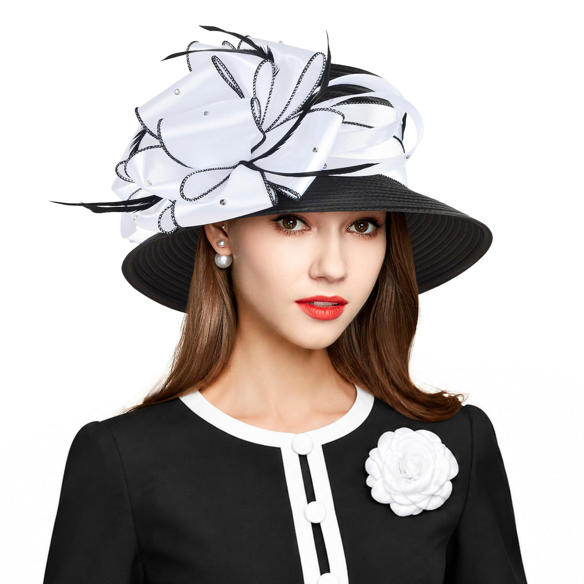 2026 Bucket Hats for Women Ladies Girls, Autumn Winter Fascinator Hat for Derby Kentucky Church Bridal UV Protection - color: A-4585b-black/White
