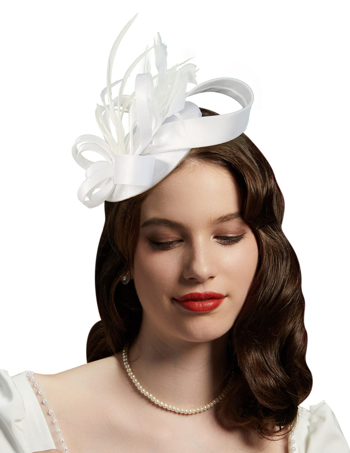 Kentucky Derby Fascinators for Women High Tea Party Hat Wedding Cocktail Flower Headware with Mesh and Feathers - color: Y-white