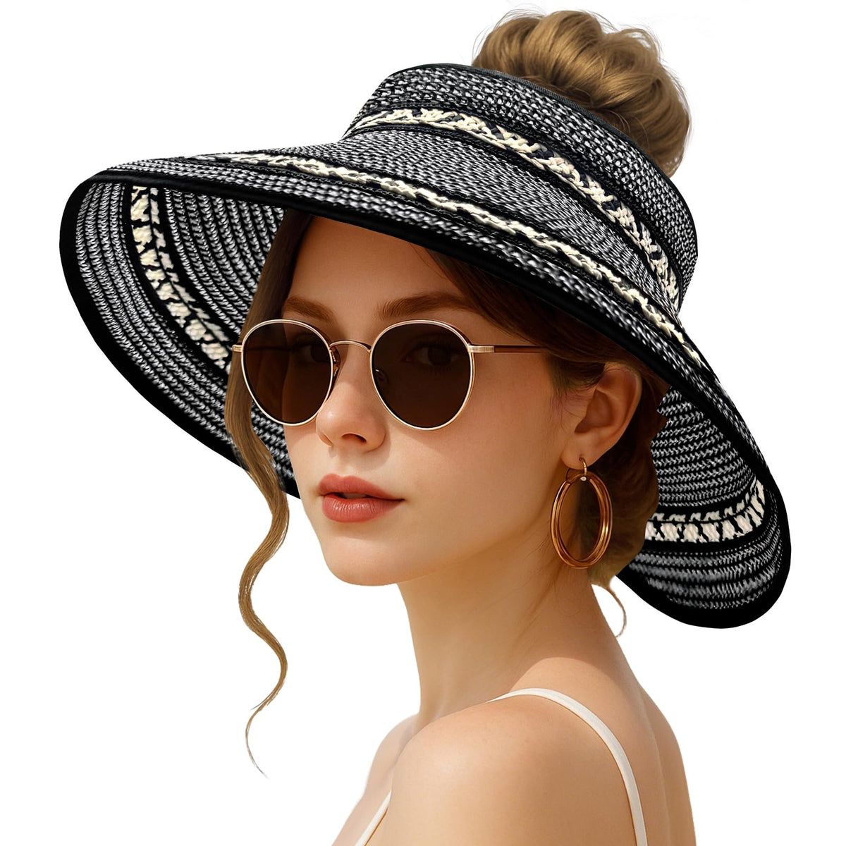 Sun Hats for Women Wide Brim Straw Sun Visors Ponytail Hat - color: Black Mix