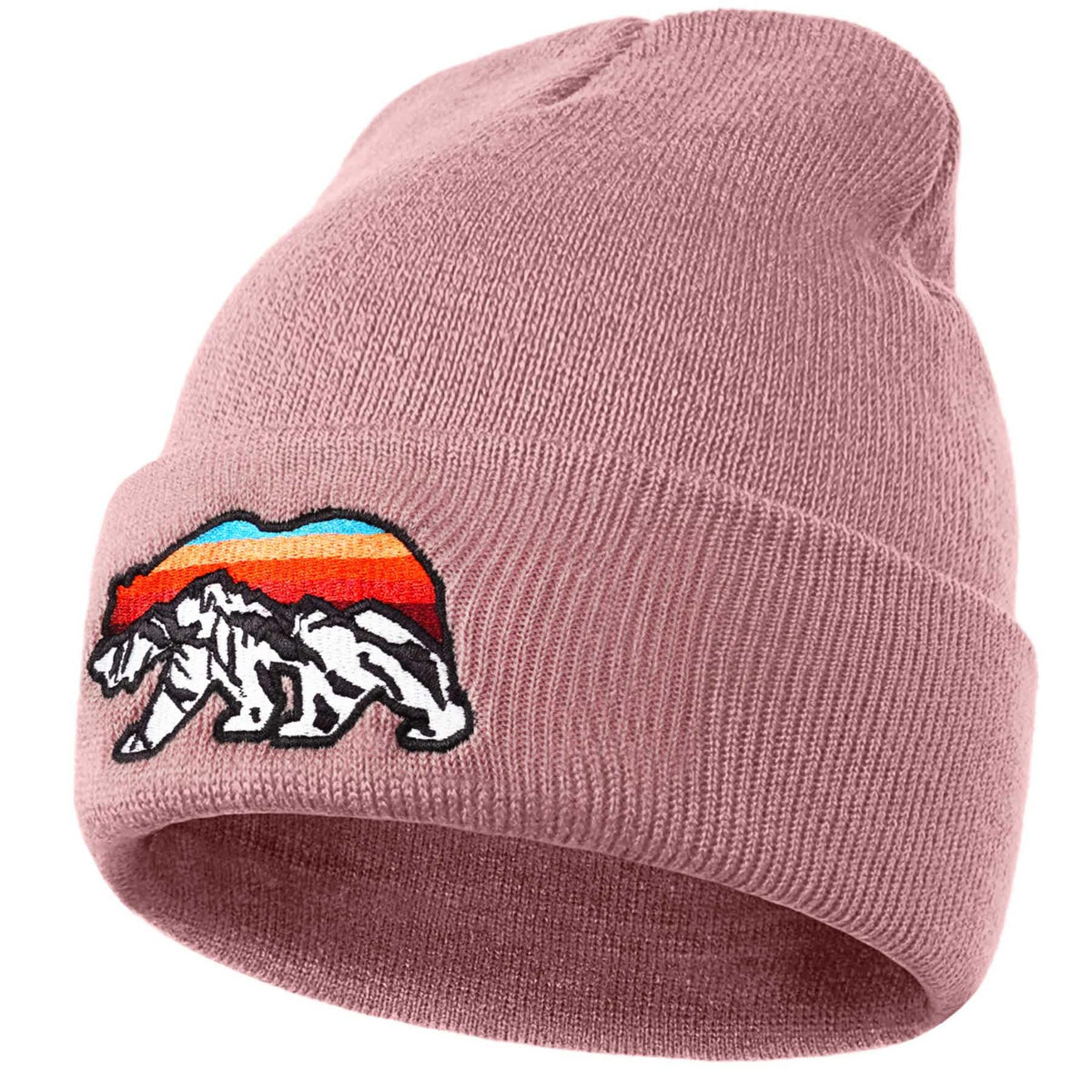 Knit Winter Beanie Hats for Men Women Cuffed Skull Cap with Mountain Embroidery Outdoor Christmas & New Year Gifts - color: Bear/Pink