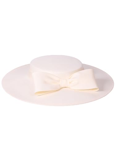 Wide Brim Hats for Women Big Bowknot Formal Occasion Kentucky Cap Lady Wedding Cocktail Party Flat Top Fedoras - color: Beige White