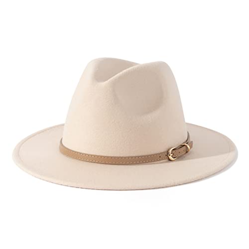Lisianthus Women Classic Felt Fedora Wide Brim Hat with Belt Buckle - color: Creamy