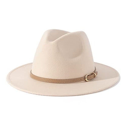Lisianthus Women Classic Felt Fedora Wide Brim Hat with Belt Buckle - color: Creamy
