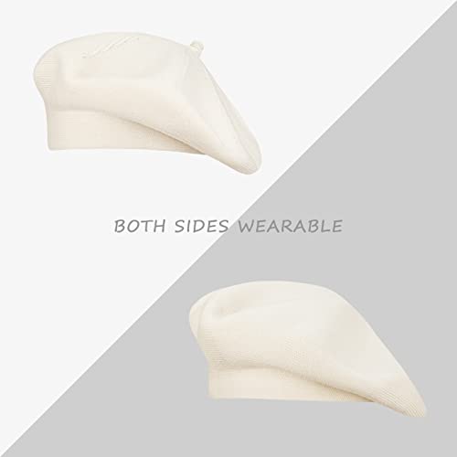 Gllutt Beret Hat French Style Stretchy Knitting Solid Color Both Side Usable - color: White