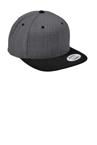 SPORT-TEK Unisex Classics Flat Bill Snapback Cap | Snapback Hat for Men & Women, High Profile Design with 7 Position Closure - color: Dark Heather Grey/ Black