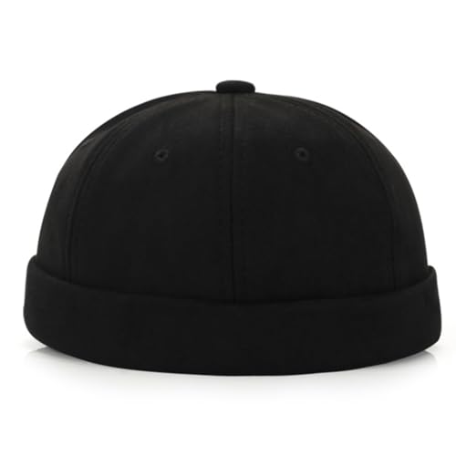 Men Docker Cap Brimless Skullcap Sailor Cap Rolled Cuff Retro Beanie Hat with Adjustable - color: Black Suede