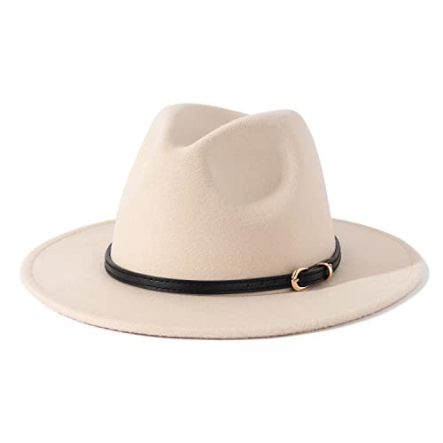 Lisianthus Women Classic Felt Fedora Wide Brim Hat with Belt Buckle - color: Q Black Belt-creamy