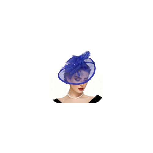 Fascinators Hats for Women Tea Party Hat Vintage Feather Mesh Headband Hair Clip Flower Headwear for Wedding Cocktail Church - color: Royal Blue