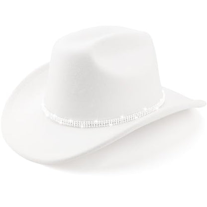 Western Cowboy Hats for Women Classic Felt Wide Brim Fedora Hat with Belt Buckle Retro Panama Hat Unisex Rolled up Cap - color: 1 Pack : White With 3 Rhinestones Bands