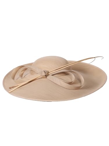 Big Wide Brim Fascinator Hats for Women Ladies Kentucky Tea Party Dress Flat Top Fedoras Hat with Bow Feather - color: Champagne