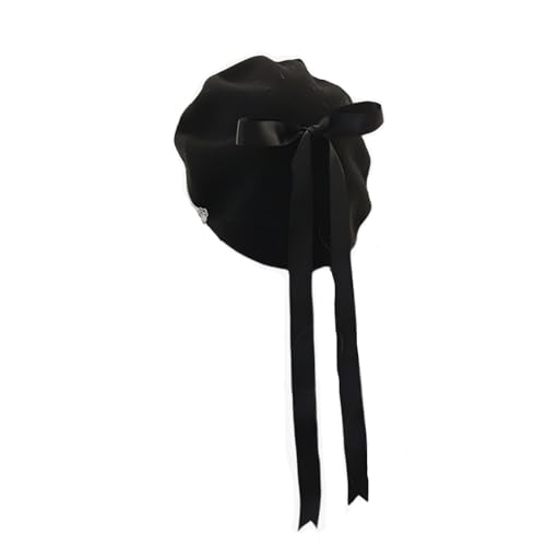 JIAHG Women Girls Sweet Lolita Beret Hat with Detachable Bowknot Painter Hat Woolen French Style Artist Beret Winter Cap - color: Black Beret With Black Bow