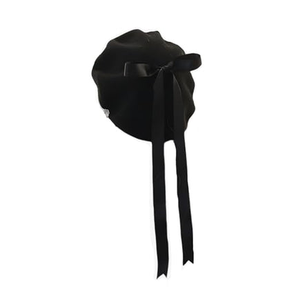 JIAHG Women Girls Sweet Lolita Beret Hat with Detachable Bowknot Painter Hat Woolen French Style Artist Beret Winter Cap - color: Black Beret With Black Bow