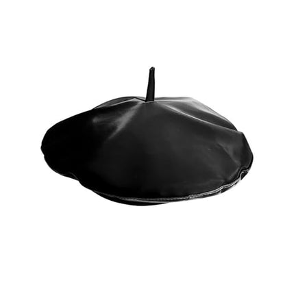 Women Classic PU Leather French Beret Beanie Hat Pumpkin Cap - color: Black(patent Pu)