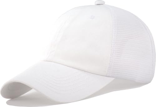 Comfy Soft Vintage Washed Trucker Baseball Cap - Women Men Unstructured Dad Hat | Snapback | Soft Crown | Soft Mesh - color: White/Elastic Strap, size: One Size