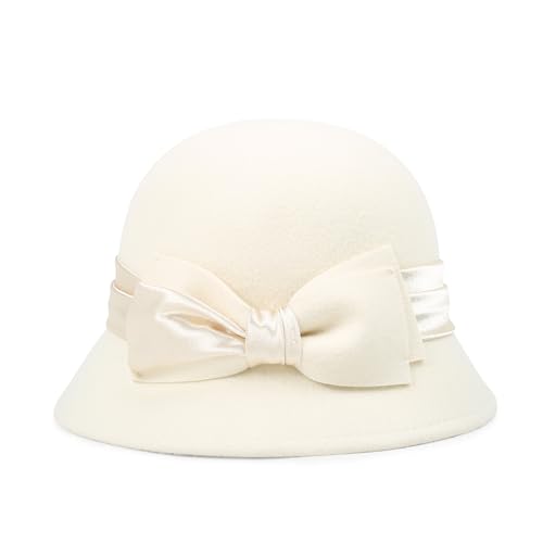 Women Cloche Felt Hat Winter Wool Bucket Hat Vintage Fedora Bowler Hat - color: 2-white