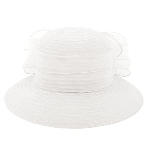 Haoohu Women's Church Derby Hat Wide Brim Bow Bucket Hat Wedding Dress Hat Fascinator Bridal Tea Party Hat - color: White