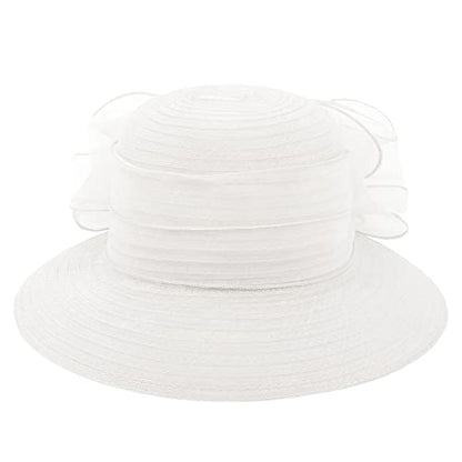 Haoohu Women's Church Derby Hat Wide Brim Bow Bucket Hat Wedding Dress Hat Fascinator Bridal Tea Party Hat - color: White