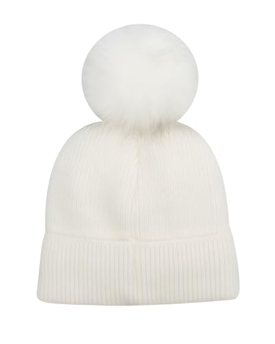 Women Girls Winter Sequin Beanie Hat with Faux Fur Pom Pom Knit Skull Cap - color: Glitter-white