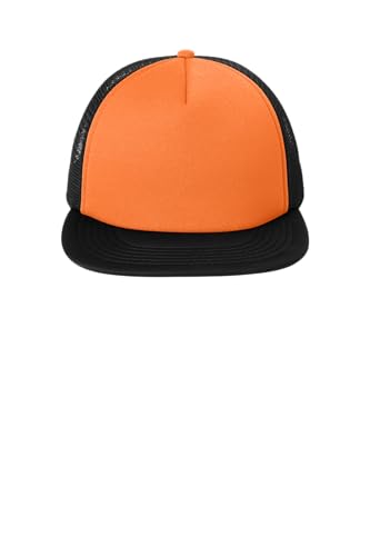 District Flat Bill Snapback Trucker Cap, Flat Brim Hat for Men & Women - color: Neon Orange