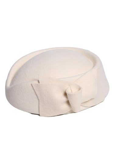 HIMESPORT Wool Felt Bowler Fascinators Hats for Women Ladies Female Elegant Wedding Tea Party Beret Hat with Bowknot - color: White