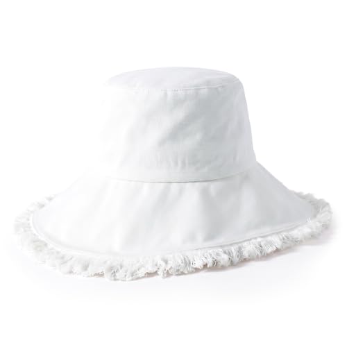 CHOK.LIDS Frayed Bucket Hat Washed Cotton Floppy Wide Brim Boonie Cap - color: White