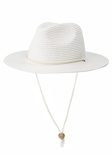 Women Straw Fedora Hat Summer Panama Beach Sun Hats UV UPF50+ Cap - color: White