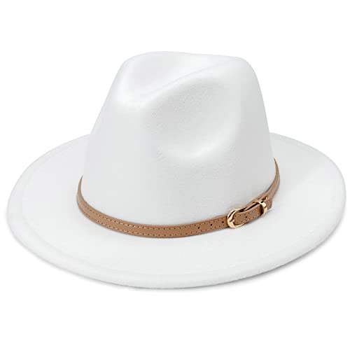 DRESHOW Women Classic Felt Fedora Wide Brim Floppy with Belt Buckle Panama Hat - color: White (Khaki Belt Buckle)