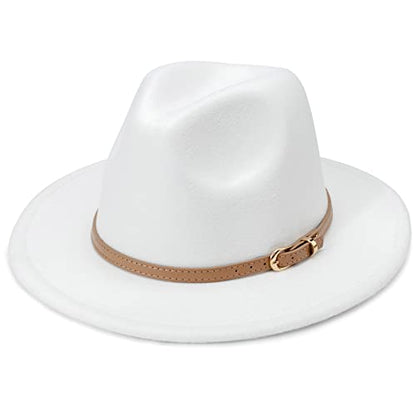 DRESHOW Women Classic Felt Fedora Wide Brim Floppy with Belt Buckle Panama Hat - color: White (Khaki Belt Buckle)