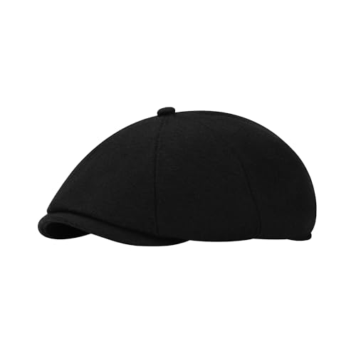 Men's Wool Blend Newsboy Cap Adjustable Gatsby Ivy Newsies Cabbie Hat Classic 8 Panel Tweed Flat Winter Hat - color: Pure Black, size: Large