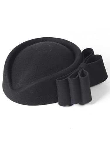 HIMESPORT Wool Felt Bowler Fascinators Hats for Women Ladies Female Elegant Wedding Tea Party Beret Hat with Bowknot - color: Black 1